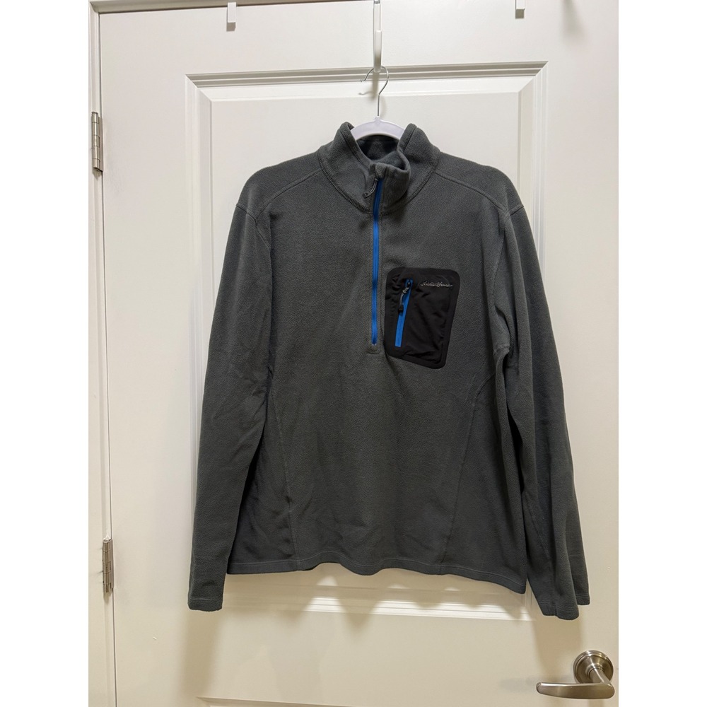 Eddie Bauer Mens Gray Quarter‎ Zip Fleece Pullover Blue Trim Chest Pocket Large